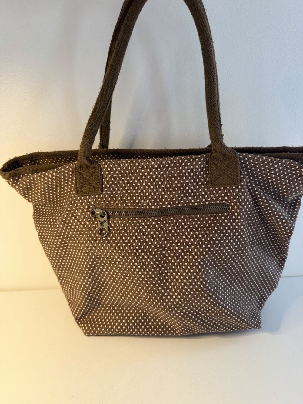 American Eagle Y2K Cloth Tote Bag Brown Polka Dots Casual Bag Zip Close Purse EC